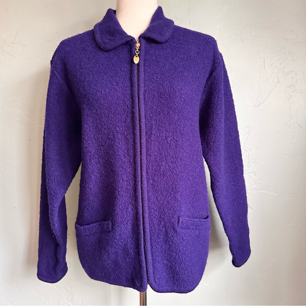 Vintage Lisa International Women's Purple Boiled Wool‎ Jacket Gold Zipper Medium